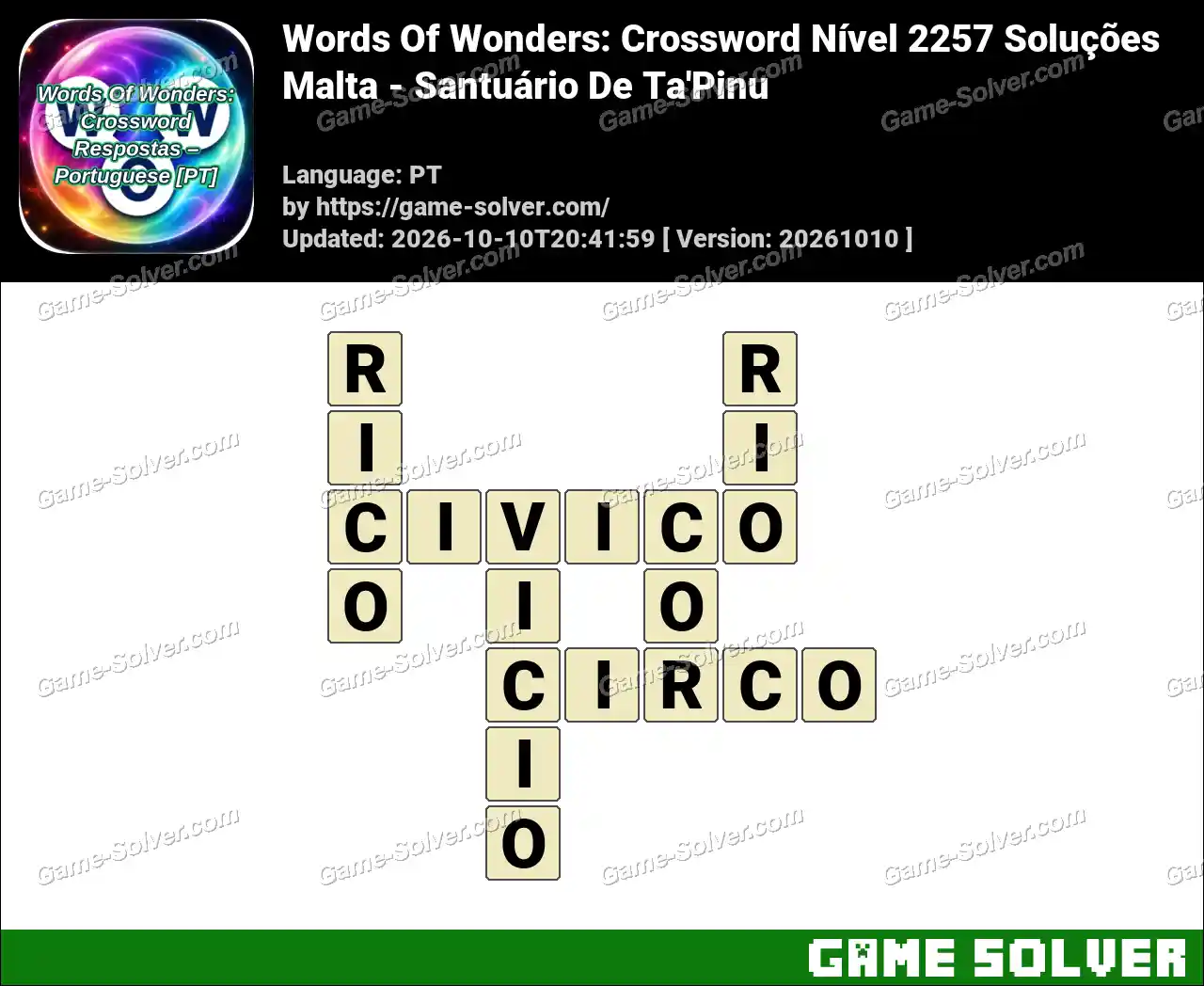 Words Of Wonders: Crossword Nível 2257 Soluções – Malta – Santuário De Ta’Pinu
